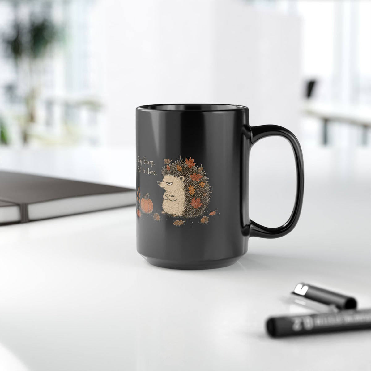 Hedgehog Mug – "Stay Sharp. Fall Is Here" (Black)