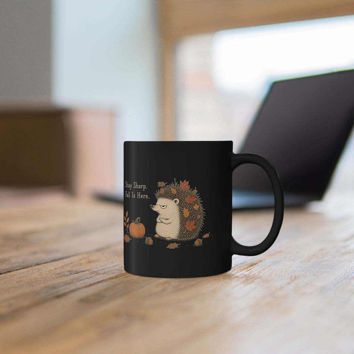 Hedgehog Mug – "Stay Sharp. Fall Is Here" (Black)