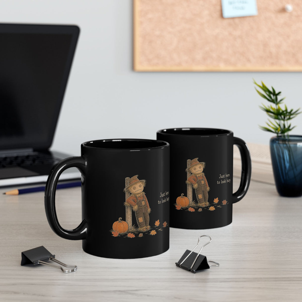 Scarecrow Mug – "Just Here to Look Busy" (Black)
