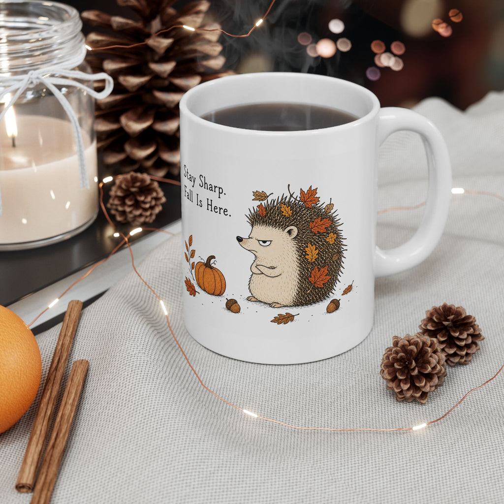 Hedgehog Mug – "Stay Sharp. Fall Is Here" (White)