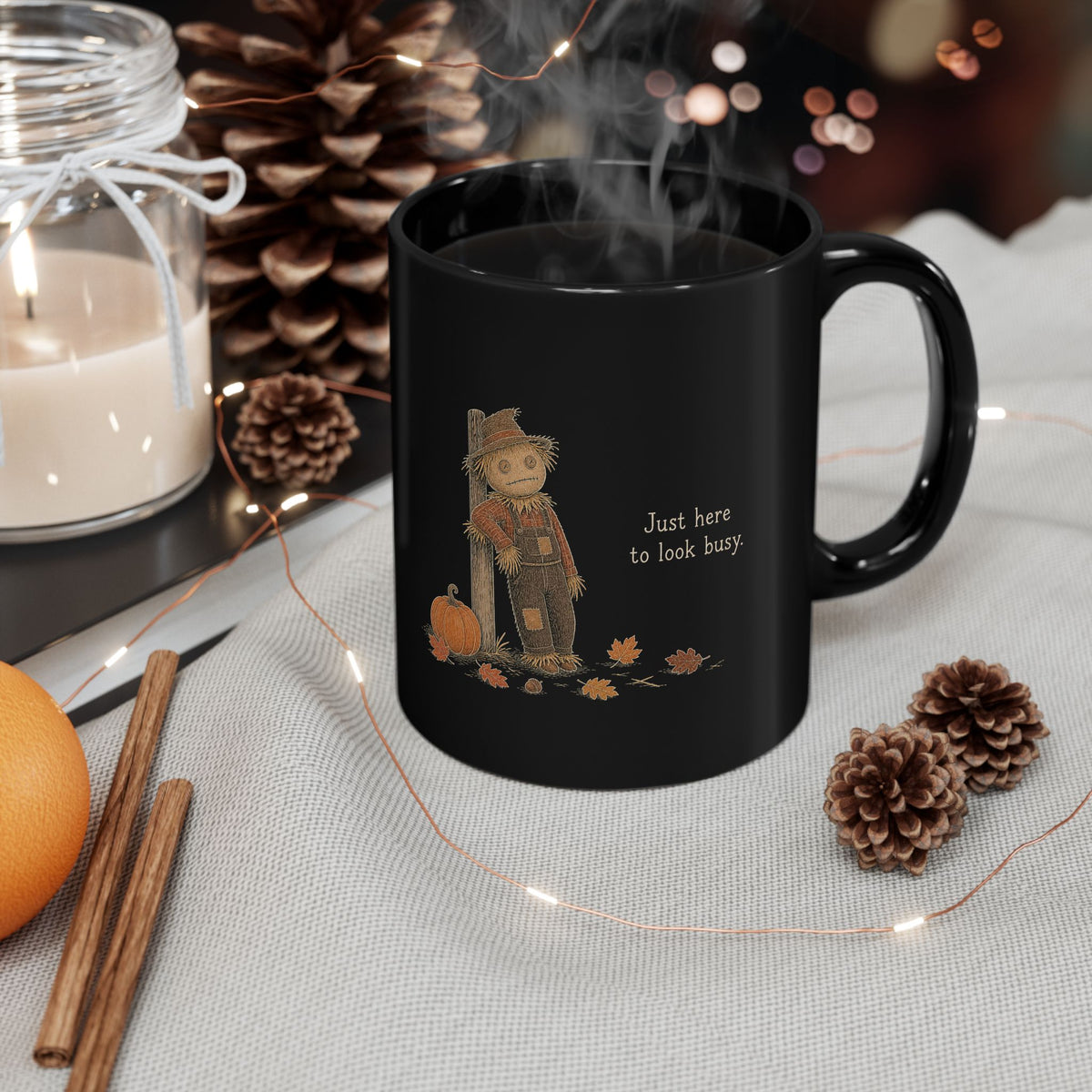 Scarecrow Mug – "Just Here to Look Busy" (Black)