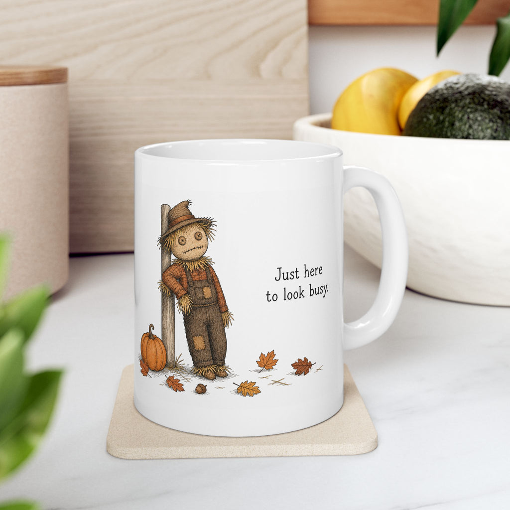 Scarecrow Mug – "Just Here to Look Busy" (White)