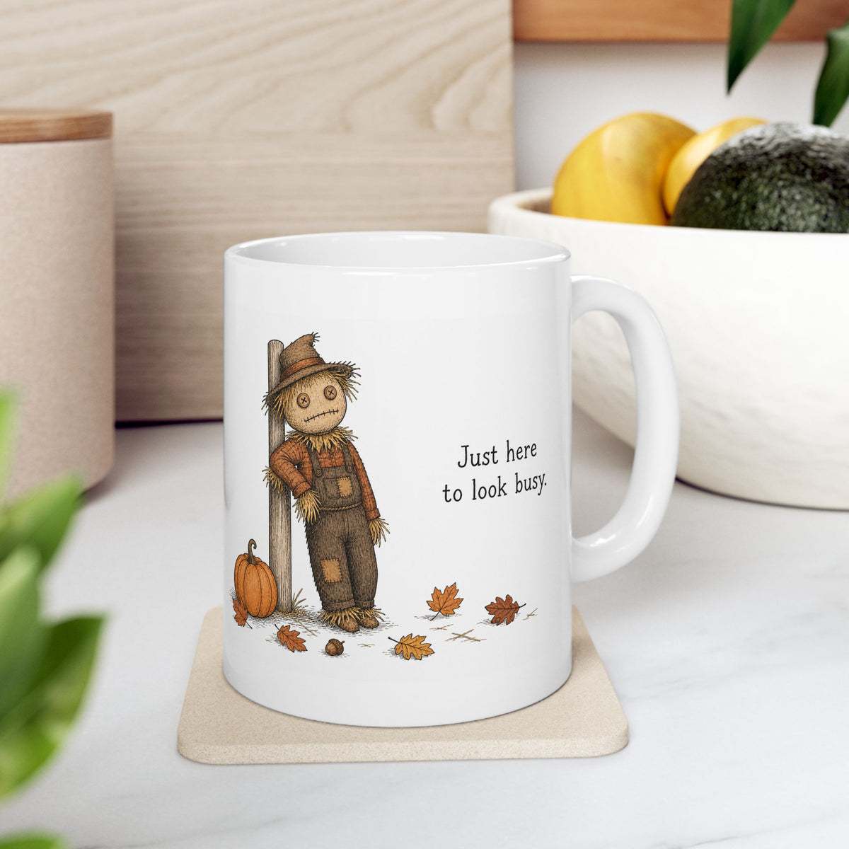 Scarecrow Mug – "Just Here to Look Busy" (White)