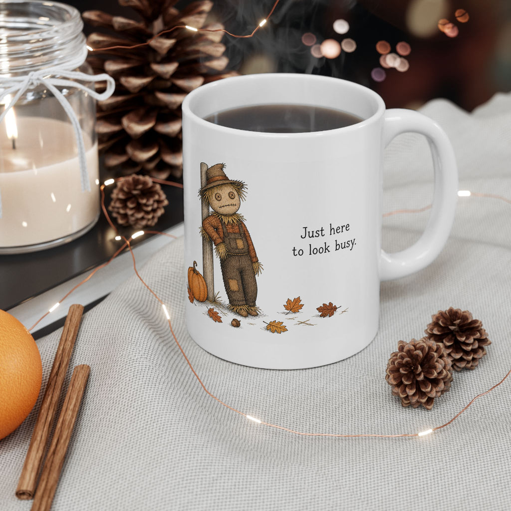 Scarecrow Mug – "Just Here to Look Busy" (White)