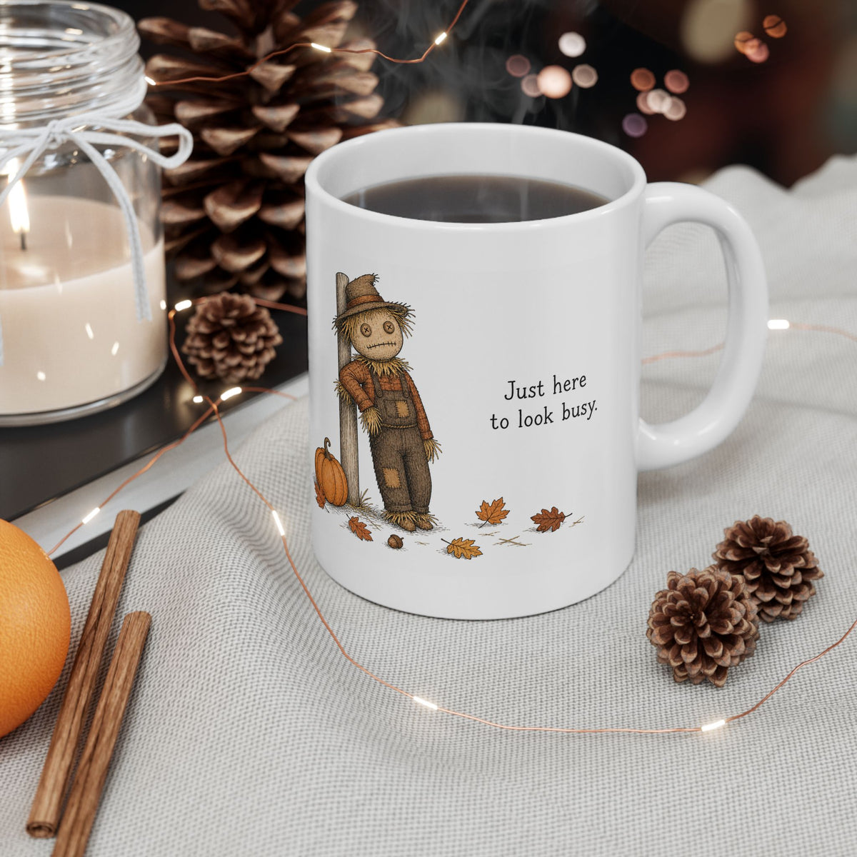 Scarecrow Mug – "Just Here to Look Busy" (White)