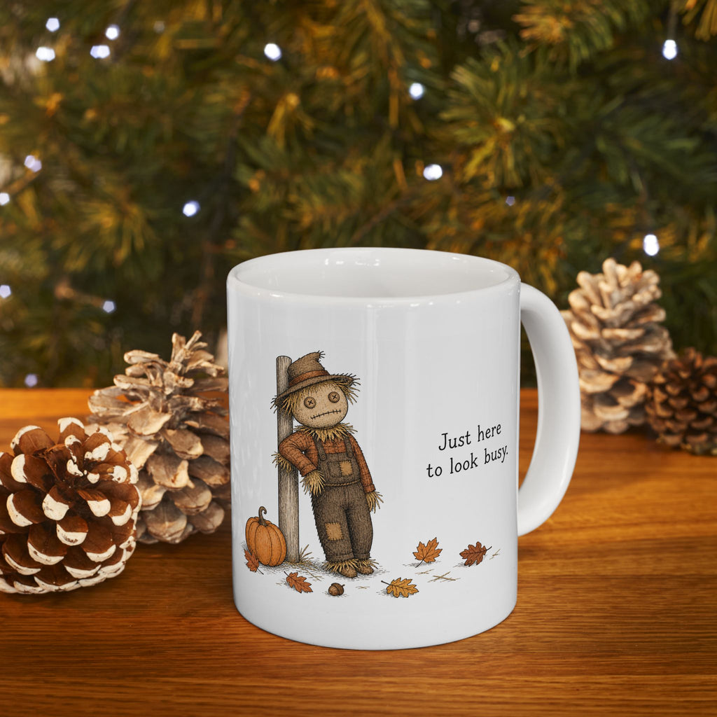 Scarecrow Mug – "Just Here to Look Busy" (White)